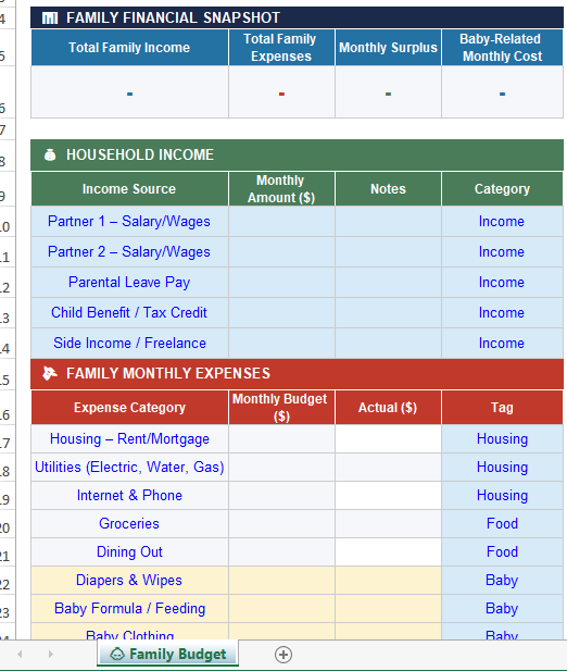 Baby & Family Budget Planner – Excel Spreadsheet