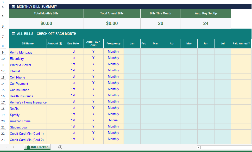 Bill Payment Tracker – Monthly Calendar Excel