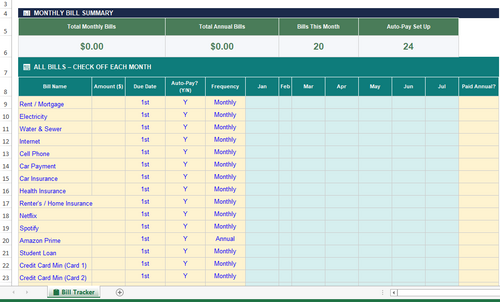 Bill Payment Tracker – Monthly Calendar Excel