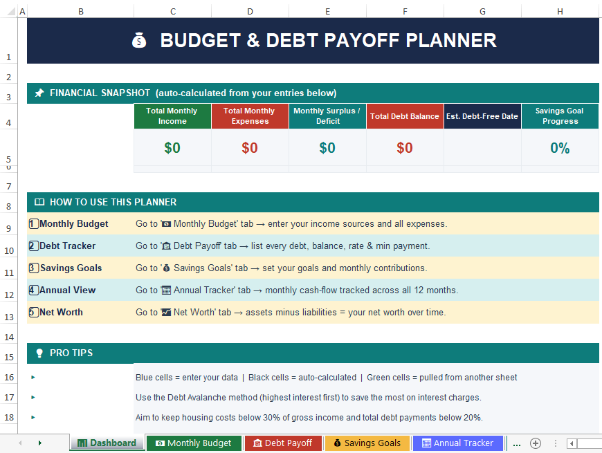 Budget & Debt Payoff Planner – Excel Spreadsheet