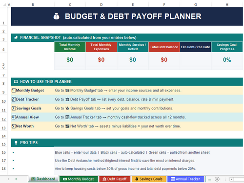Budget & Debt Payoff Planner – Excel Spreadsheet