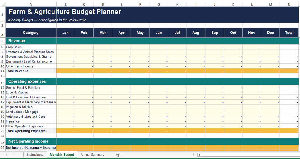 Farm & Agriculture Budget Planner | Auto-Calculating Excel & Google Sheets Template | Seasonal Cash-Flow Tracker