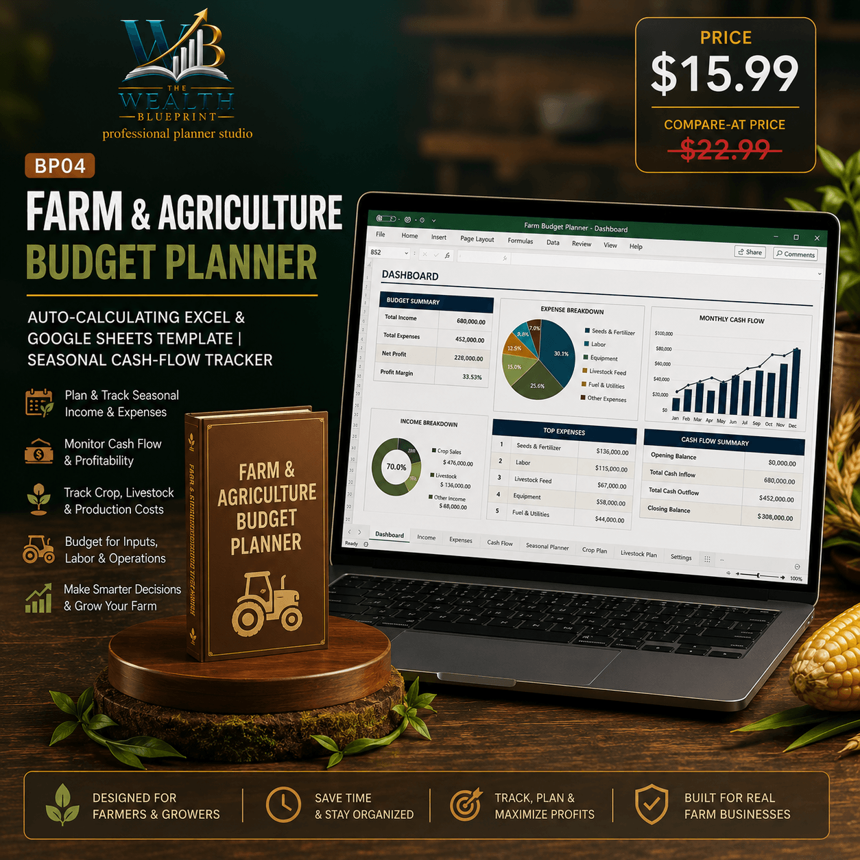 Farm & Agriculture Budget Planner | Auto-Calculating Excel & Google Sheets Template | Seasonal Cash-Flow Tracker