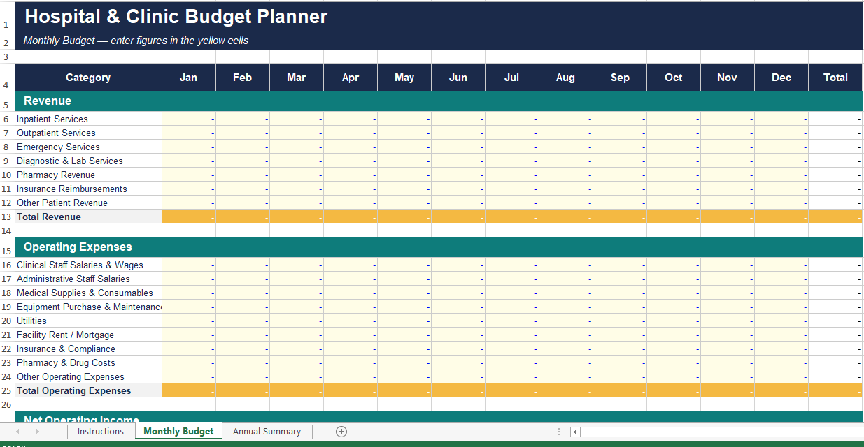Hospital & Clinic Budget Planner | Auto-Calculating Excel & Google Sheets Template | Healthcare Finance Tracker