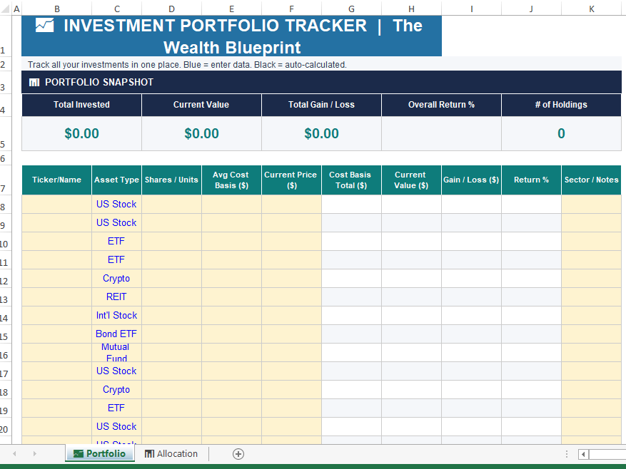 Investment Portfolio Tracker – Excel Spreadsheet