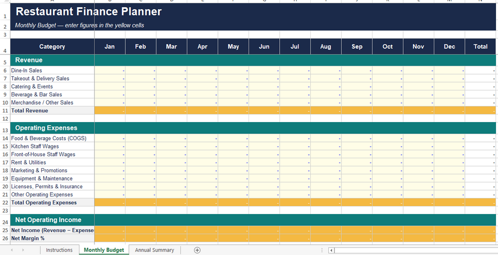 Restaurant Finance Planner | Auto-Calculating P&L & Cost-Control Excel Template | Food Cost & Labor Tracker