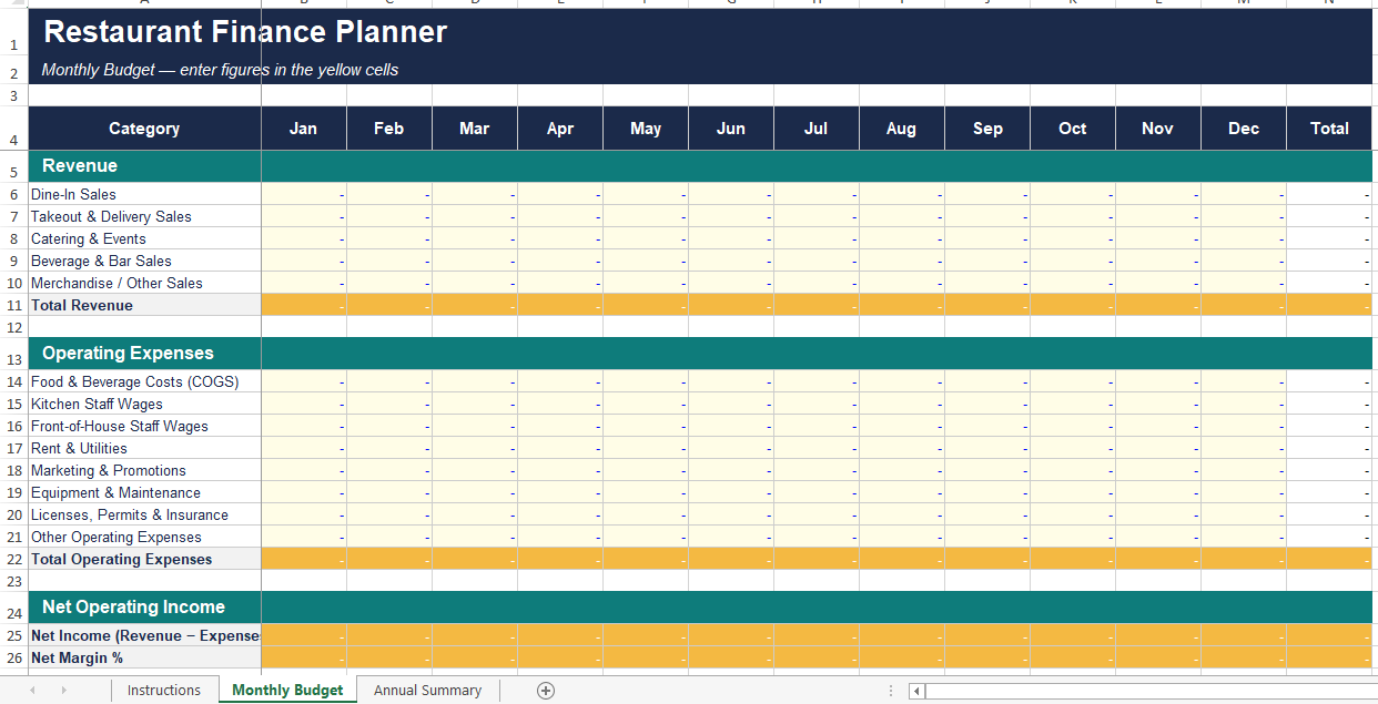 Restaurant Finance Planner | Auto-Calculating P&L & Cost-Control Excel Template | Food Cost & Labor Tracker