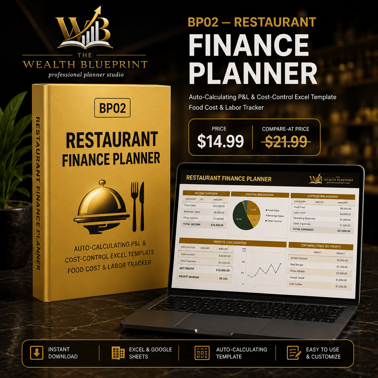 Restaurant Finance Planner | Auto-Calculating P&L & Cost-Control Excel Template | Food Cost & Labor Tracker