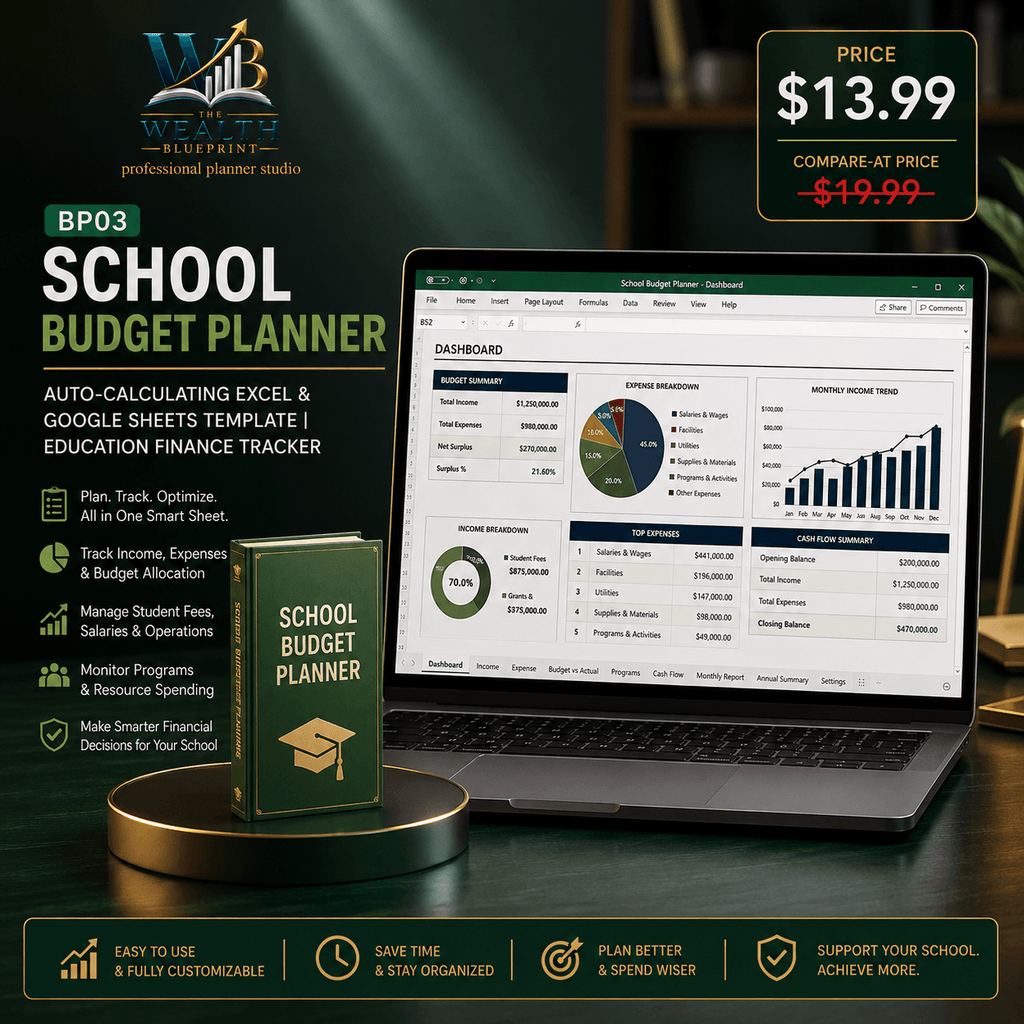 School Budget Planner | Auto-Calculating Excel & Google Sheets Template | Education Finance Tracker