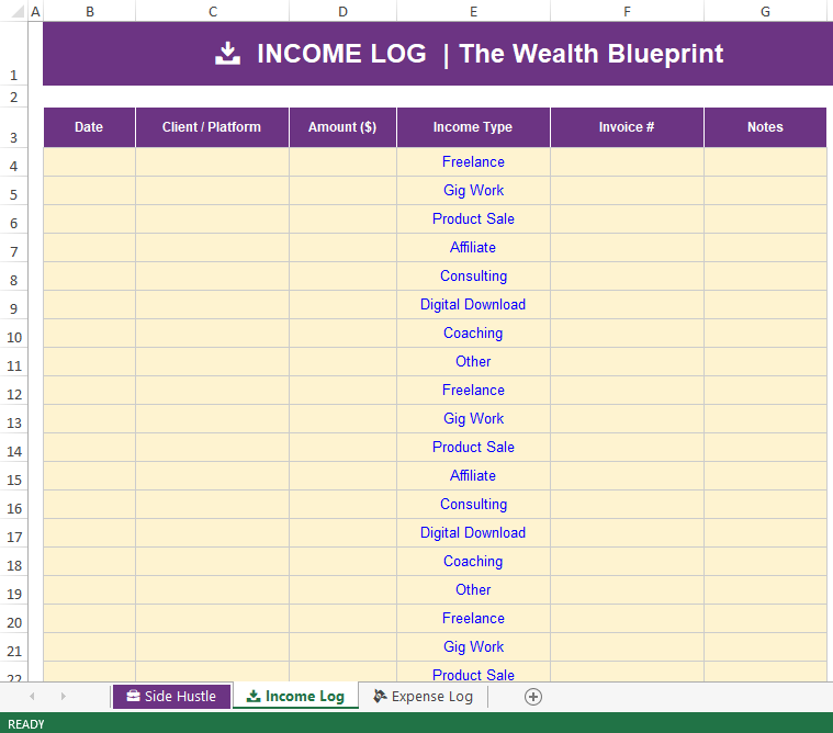 Side Hustle Income & Expense Tracker – Excel