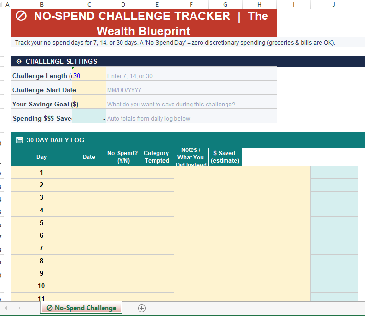 30-Day No-Spend Challenge Tracker – Excel
