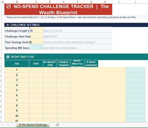 30-Day No-Spend Challenge Tracker – Excel