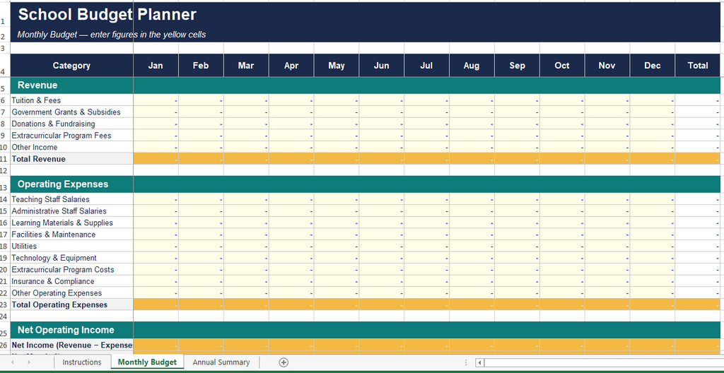 School Budget Planner | Auto-Calculating Excel & Google Sheets Template | Education Finance Tracker