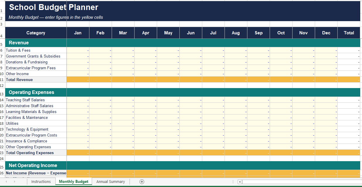 School Budget Planner | Auto-Calculating Excel & Google Sheets Template | Education Finance Tracker